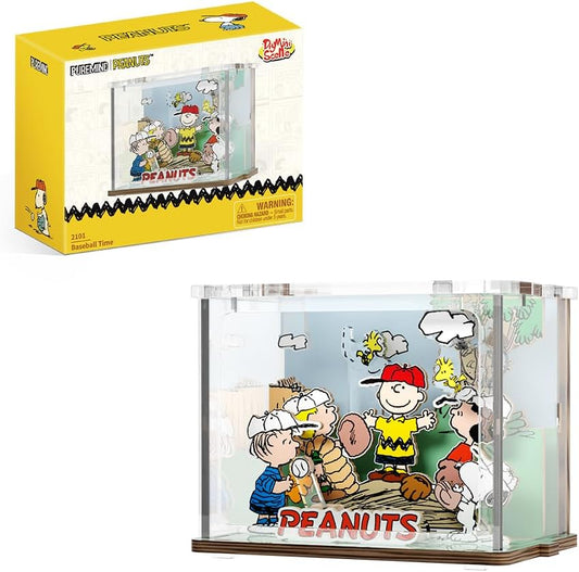 PUREMIND Snoopy Baseball Miniature Wooden Puzzle Kit - Officially Licensed 3D Display with Movable Characters