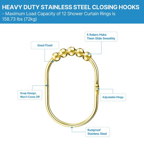 MENGJINGO 12PCS Wide Shower Curtain Hooks, Rust Proof Stainless Steel Shower Curtain Rings, Heavy Duty Shower Hooks for Shower Curtain Bathroom Curtain Hooks, Easy Glide Rollers, Set of 12, Gold