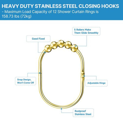 MENGJINGO 12PCS Wide Shower Curtain Hooks, Rust Proof Stainless Steel Shower Curtain Rings, Heavy Duty Shower Hooks for Shower Curtain Bathroom Curtain Hooks, Easy Glide Rollers, Set of 12, Gold