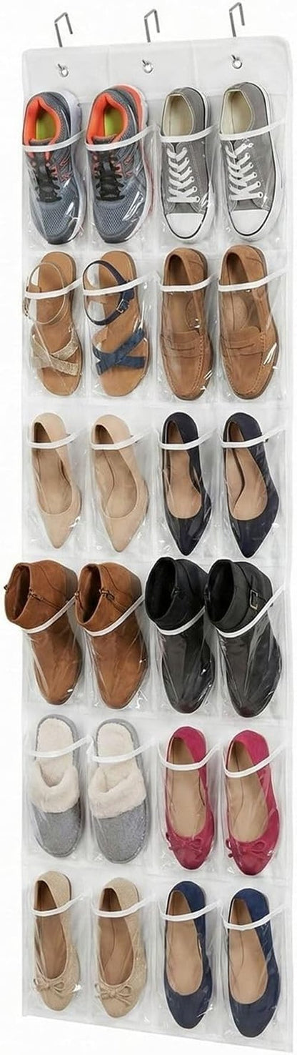 Flexzion Over The Door Shoe Organizer - Space-Saving Hanging Rack with 24 Clear Pockets & 3 Hooks | White