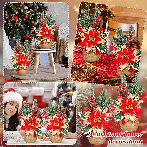 2 Pcs Artificial Christmas Poinsettia Flowers with Holly Berries - Holiday Decor