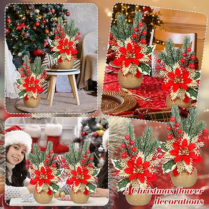 2 Pcs Artificial Christmas Poinsettia Flowers with Holly Berries - Holiday Decor