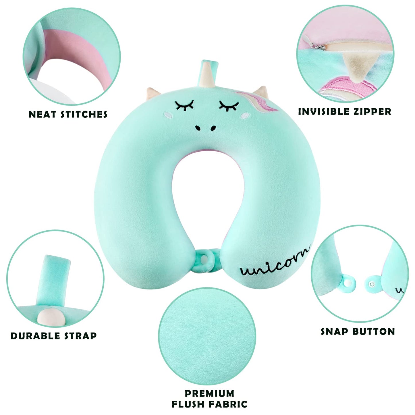 urnexttour Travel Neck Pillow for Kids, Best Unicorn Gifts for Girls with Drawstring Backpack/Necklace/Sleep Mask &Earplugs, Travelling Pillow Set for Airplane, Car, Train, Bus and Home Use (Blue)