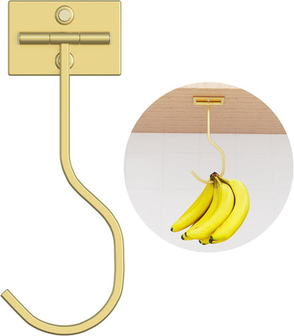 Skiennix Under Cabinet Banana Hook - Foldable Gold Metal Hanger for Kitchen & RV, Space-Saving Design