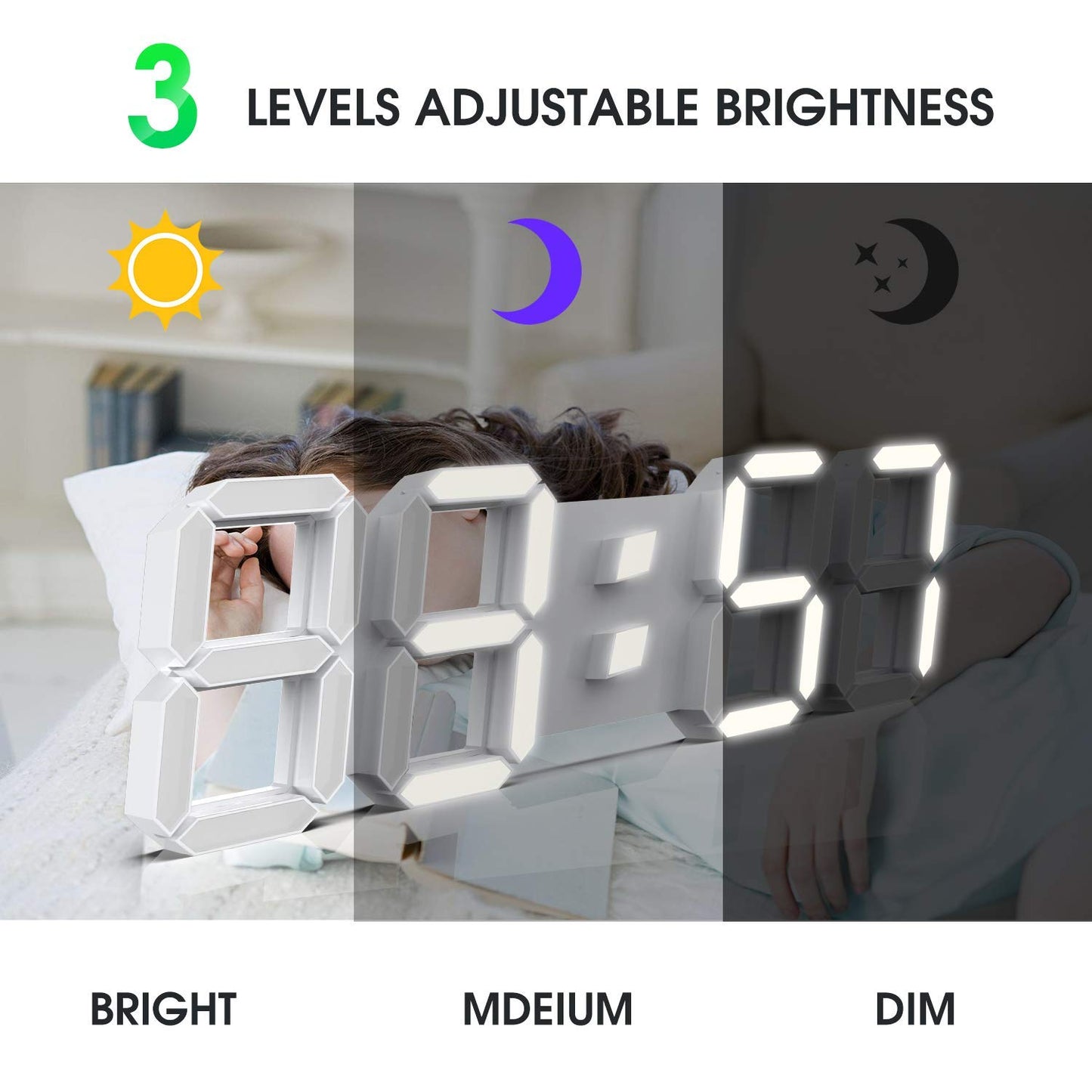 WISE TIGER EPSKY 3D White Digital Wall Clock LED Large Alarm Clock Adjustable Brightness 12/24 Hours Display and Date Display for Kitchen Homes Offices Gyms (15inch)