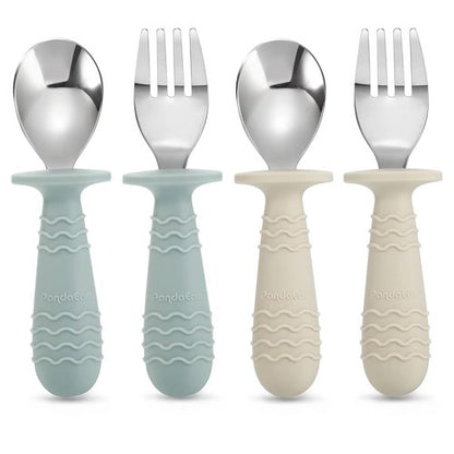 PandaEar 4 Set Baby Toddler Silicone Stainless Steel Utensils Silverware Spoon Fork for Baby Toddler BPA Free with Silicone Holding Anti-Choke Design