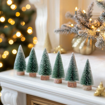 Skiennix 10-Pack Mini Christmas Bottle Brush Trees - 4-Inch Snowy Ornaments with Wooden Base for Festive Decor