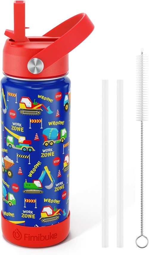 Fimibuke Kids Insulated Water Bottle - 18oz BPA-Free Stainless Steel Tumbler with Straw | Leak-Proof Design for School (Trucks)
