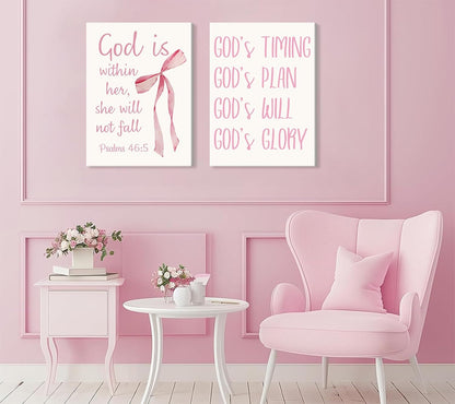 Coquette Pink Bow Canvas Wall Art - Inspirational Bible Verses for Girls' Room Decor | 12"x16" Framed