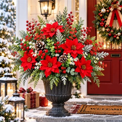 Christmas Artificial Flowers Bundle - Red & Green Poinsettia Berry Greenery - 100 Stems