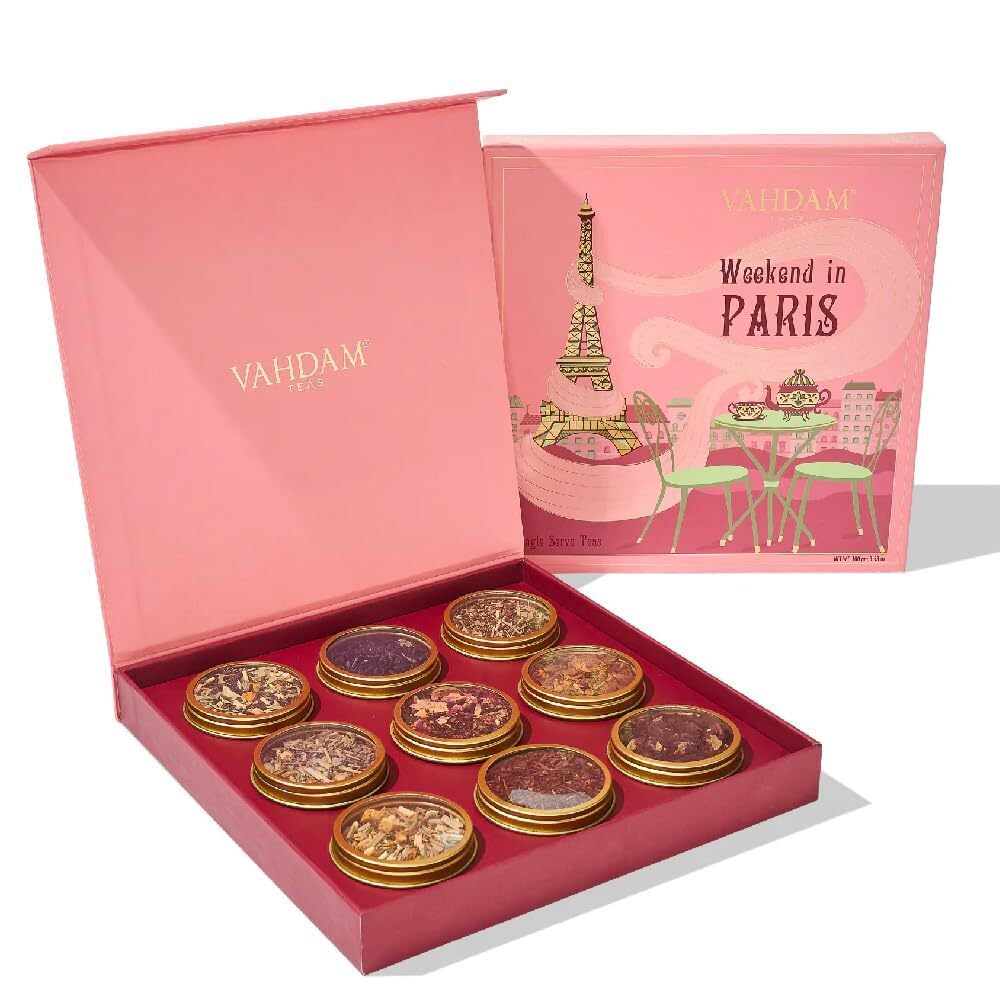 VAHDAM Weekend in Paris Tea Gift Set - 9 Assorted Luxury Teas | Travel Edition | Gluten-Free, Non-GMO