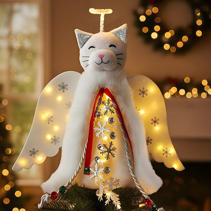 Christmas Cat Angel Tree Topper with LED Halo — White Glowing Wings