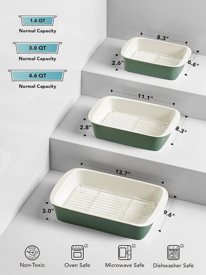 LE TAUCI Ceramic Baking Dish Set - Large Deep Casserole Dishes with Handles, Forest Green | 3-Piece Set (4.6QT/3.0QT/1.6QT)