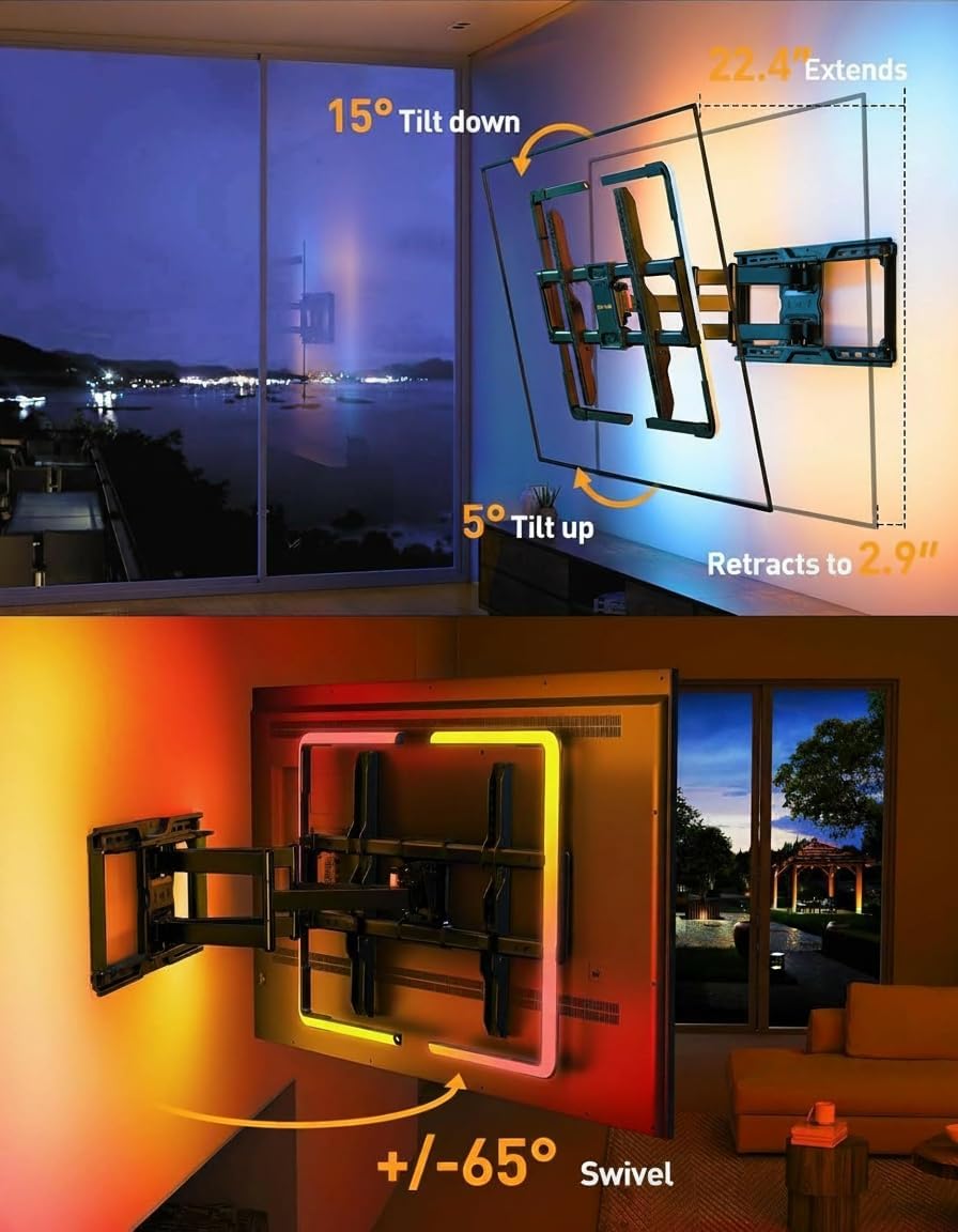Perlegear AuraFrame™ Full Motion TV Wall Mount - LED Light & Music Sync for 42″–90″ TVs Up to 150 lbs | Max VESA 600 x 400mm