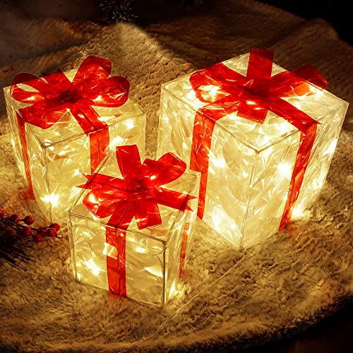 Clear Lighted Christmas Gift Boxes Set of 3 - Outdoor Decor with 60 LEDs