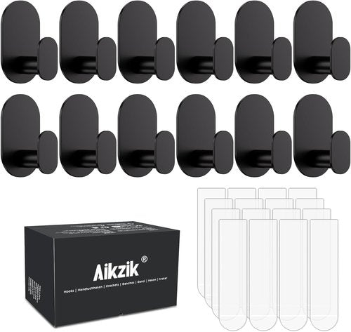 Aikzik Towel Hooks - 12 Pcs Black Adhesive Wall Hooks with 16 Removable Strips for Bathroom & Kitchen