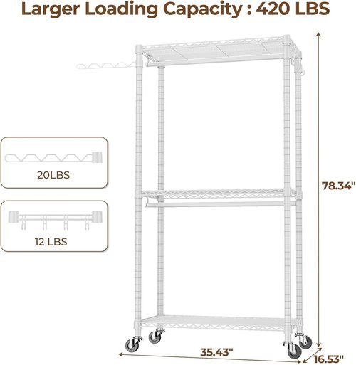 HYSEYY Portable Closet - Heavy Duty Adjustable Garment Rack with 4 Rods & Shelves | 73.6" L x 17.3" W x 76.4" H (White)