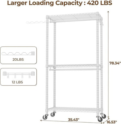 HYSEYY Portable Closet - Heavy Duty Adjustable Garment Rack with 4 Rods & Shelves | 73.6" L x 17.3" W x 76.4" H (White)