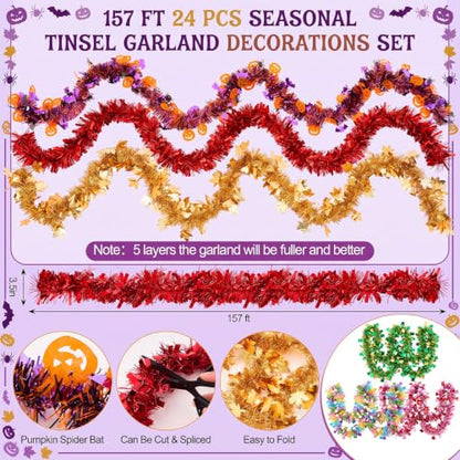 Seasonal Tinsel Garland Set of 24 - Metallic Holiday Decor for Christmas Halloween & More