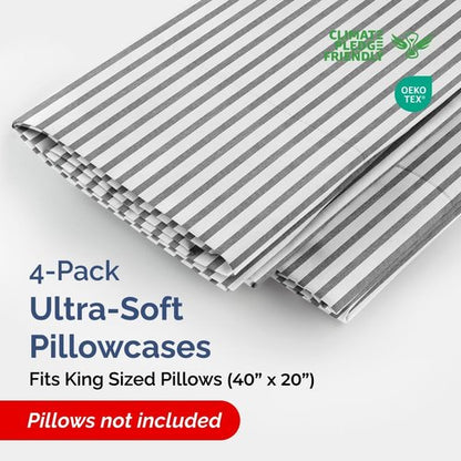 King Pillow Cases by [Brand Name] - Ultra Soft Hotel Quality - 4 Piece Set in Grey Stripes - Wrinkle Free & Machine Washable