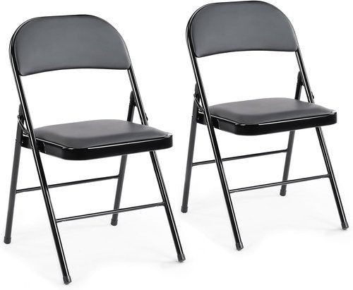 DUMOS Folding Chairs - 2 Pack Leather Padded Portable Stackable Seats for Home & Office - Black