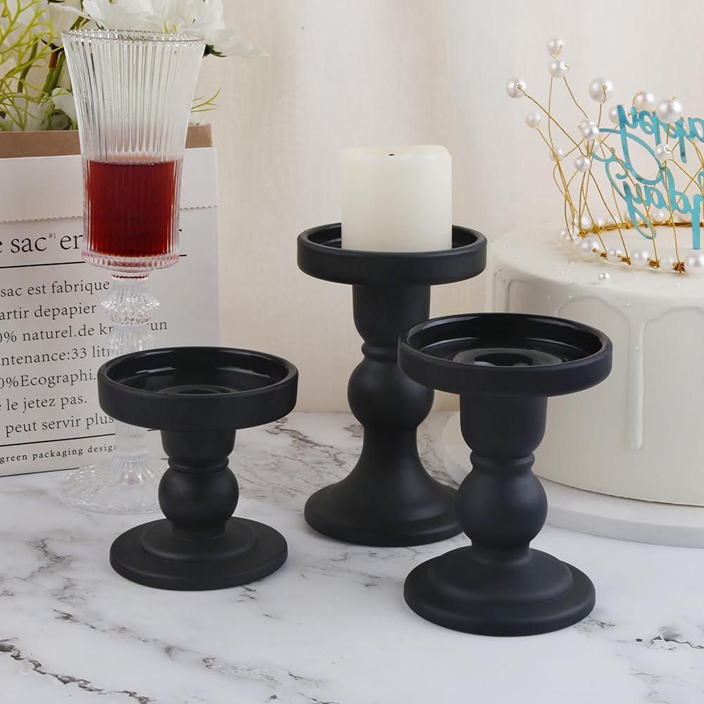 Skiennix 3-Piece Black Glass Candlestick Set - Elegant Crystal Holders for Weddings & Home Decor