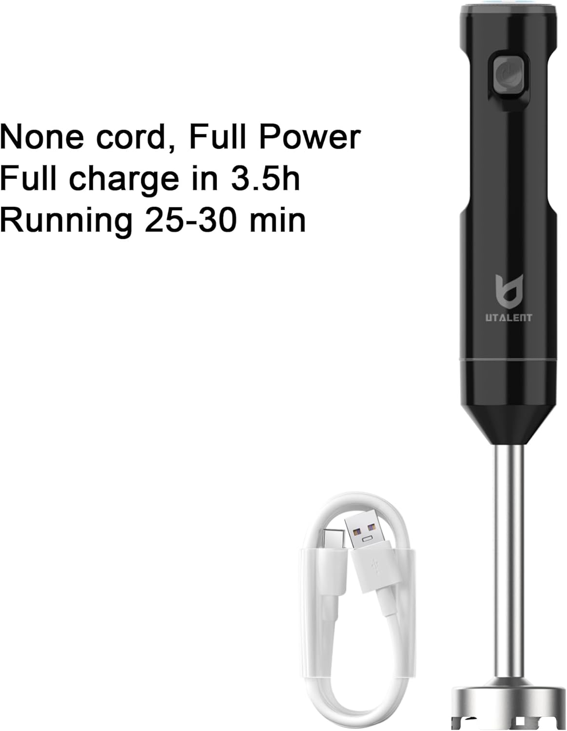 UTALENT Cordless Hand Blender - Variable Speed Immersion Blender with 500ml Chopper & Whisk | Black