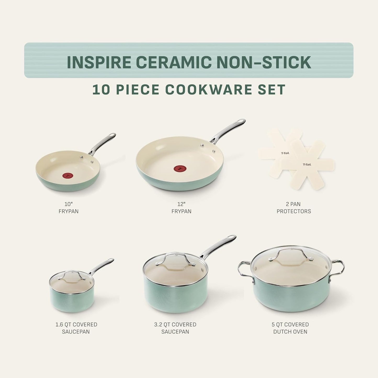 T-Fal Inspire Nonstick Ceramic Cookware Set - 10-Piece Oven Safe to 500°F | Mint Green Pots and Pans
