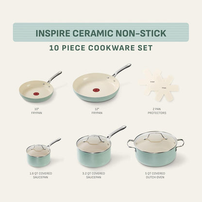 T-Fal Inspire Nonstick Ceramic Cookware Set - 10-Piece Oven Safe to 500°F | Mint Green Pots and Pans