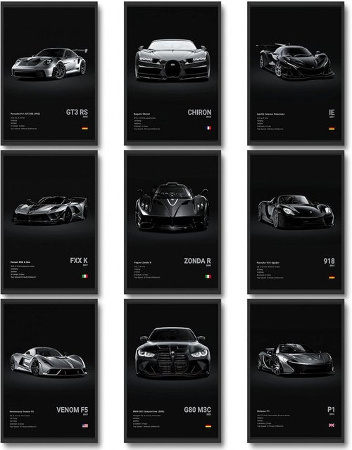 CSLGQGV Car Poster Vintage Racing Car Wall Art Supercar Canvas Prints Painting For Men Room Pictures Guys Dorm Room Aesthetics Decor Bedroom Office (Unframed,8×10inch,9pcs) black