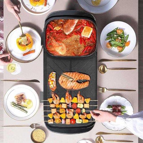 Electric 2 in 1 Grill with Shabu Shabu Hot Pot. Multifunctional Indoor Teppanyaki Korean BBQ Capacity for 2-5 People