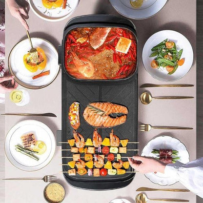 Electric 2 in 1 Grill with Shabu Shabu Hot Pot. Multifunctional Indoor Teppanyaki Korean BBQ Capacity for 2-5 People