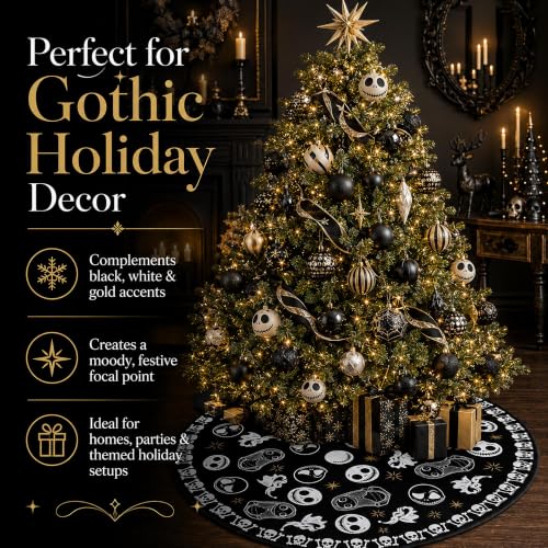 Gothic Christmas Tree Skirt 48 Inch Round Skull Face Black Holiday Decor