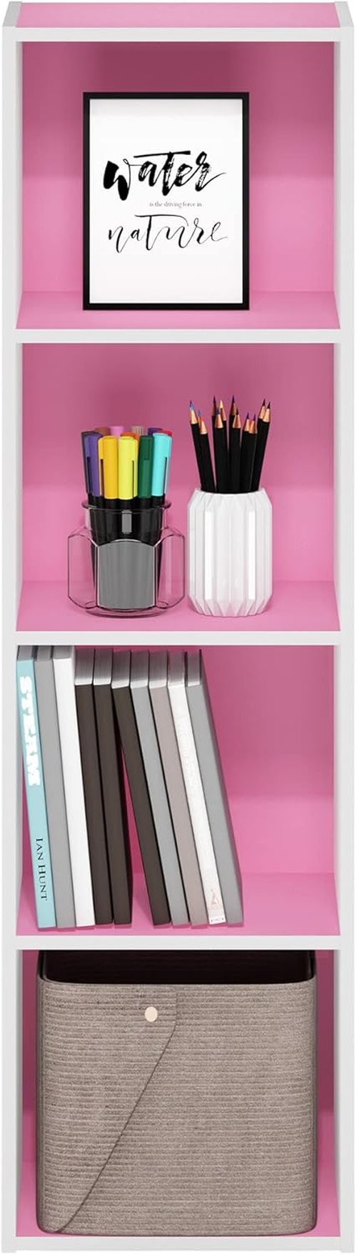 Furinno PASIR 4-Tier Modern Bookshelf - Easy Assembly Open Shelves Bookcase | Pink/White, 9 x 12 x 42 Inches