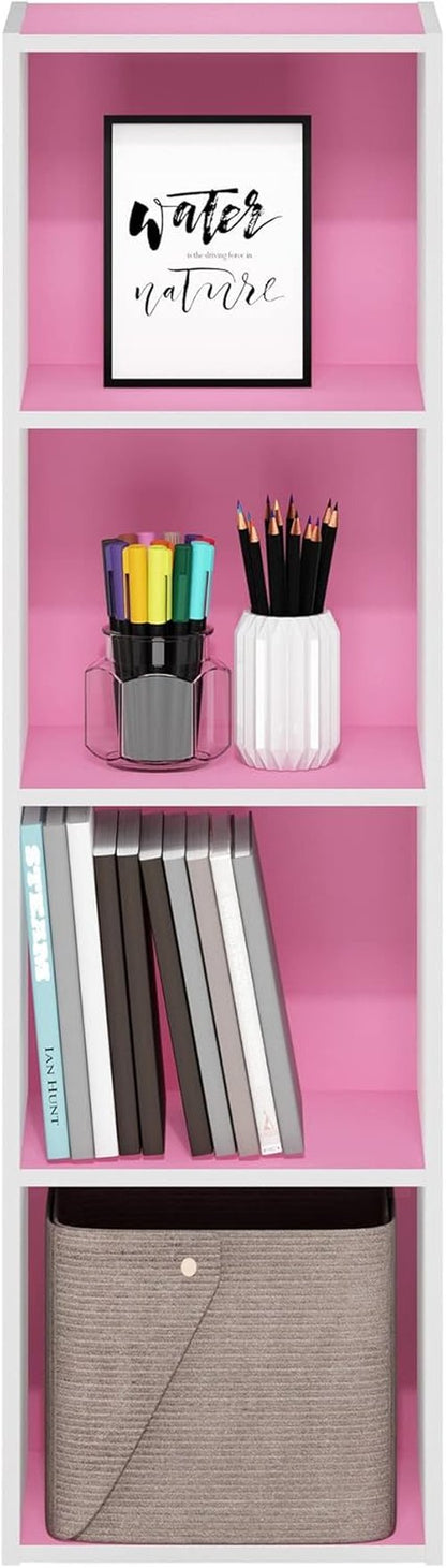 Furinno PASIR 4-Tier Modern Bookshelf - Easy Assembly Open Shelves Bookcase | Pink/White, 9 x 12 x 42 Inches