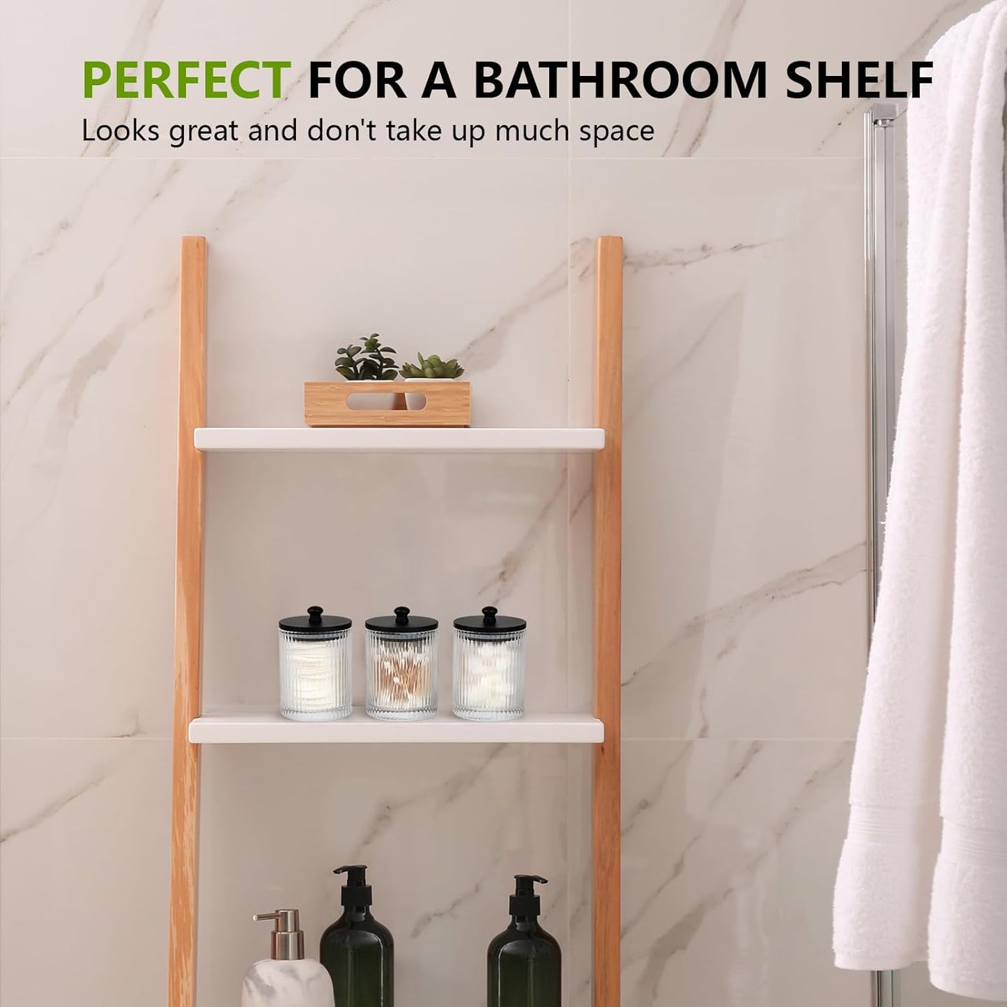 Skiennix 3-Pack Qtip Holder - Elegant Bathroom Organizers with Glass Apothecary Jars & Lids