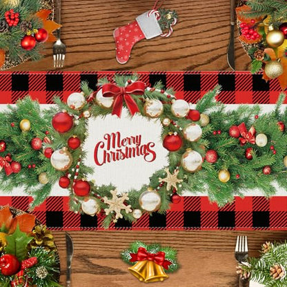 Christmas Garland Table Runner - Red & Black Buffalo Plaid, 13x90 Inches, Seasonal Holiday Decor