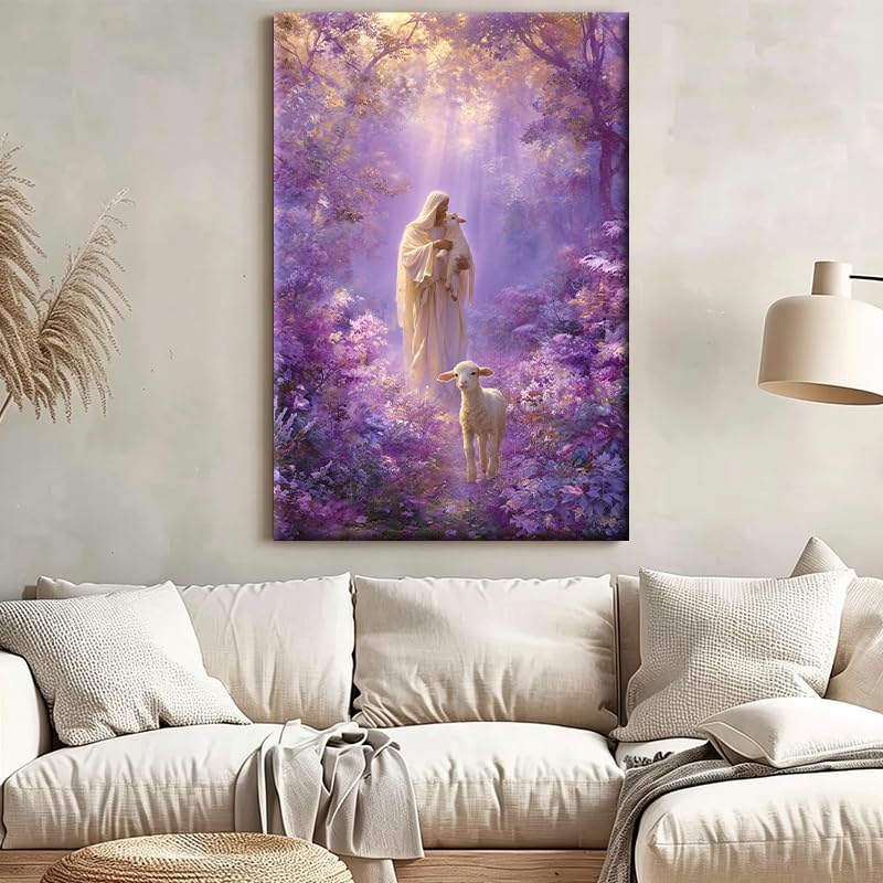 Shepherd with Lambs Purple Enchanted Forest Canvas Wall Art - 24x36 Inches