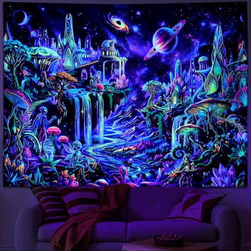 Blacklight Galaxy Space Tapestry UV Mushroom Planet Wall Hanging - Alien, 59.1" x 51.2"