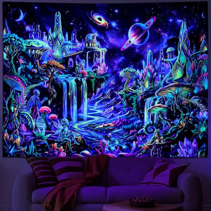 Blacklight Galaxy Space Tapestry UV Mushroom Planet Wall Hanging - Alien, 59.1" x 51.2"