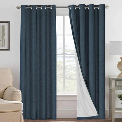 H.VERSAILTEX Linen Curtains 100% Blackout Curtains for Bedroom 90 inch Long Full Light Blocking Nature Linen Blended Window Curtains for Living Room Nickel Grommet (2 Panels, Navy)