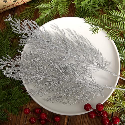 Artificial Pine Branches with Silver Glitter - 25 Pcs 13.5" Christmas Wreath Decor