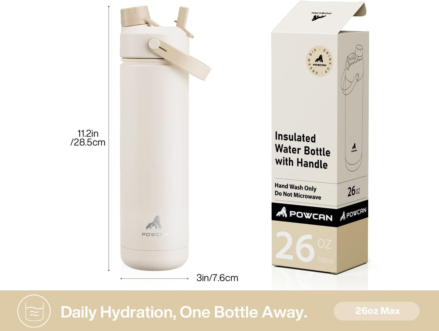 POWCAN 26 oz Insulated Water Bottle - 2-in-1 Straw & Spout Lid, Leak-Proof, Fits Car Cup Holder | Ivory Porcelain