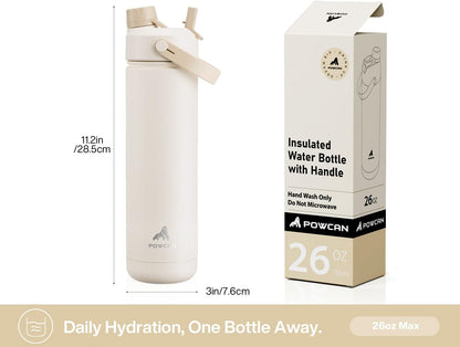 POWCAN 26 oz Insulated Water Bottle - 2-in-1 Straw & Spout Lid, Leak-Proof, Fits Car Cup Holder | Ivory Porcelain
