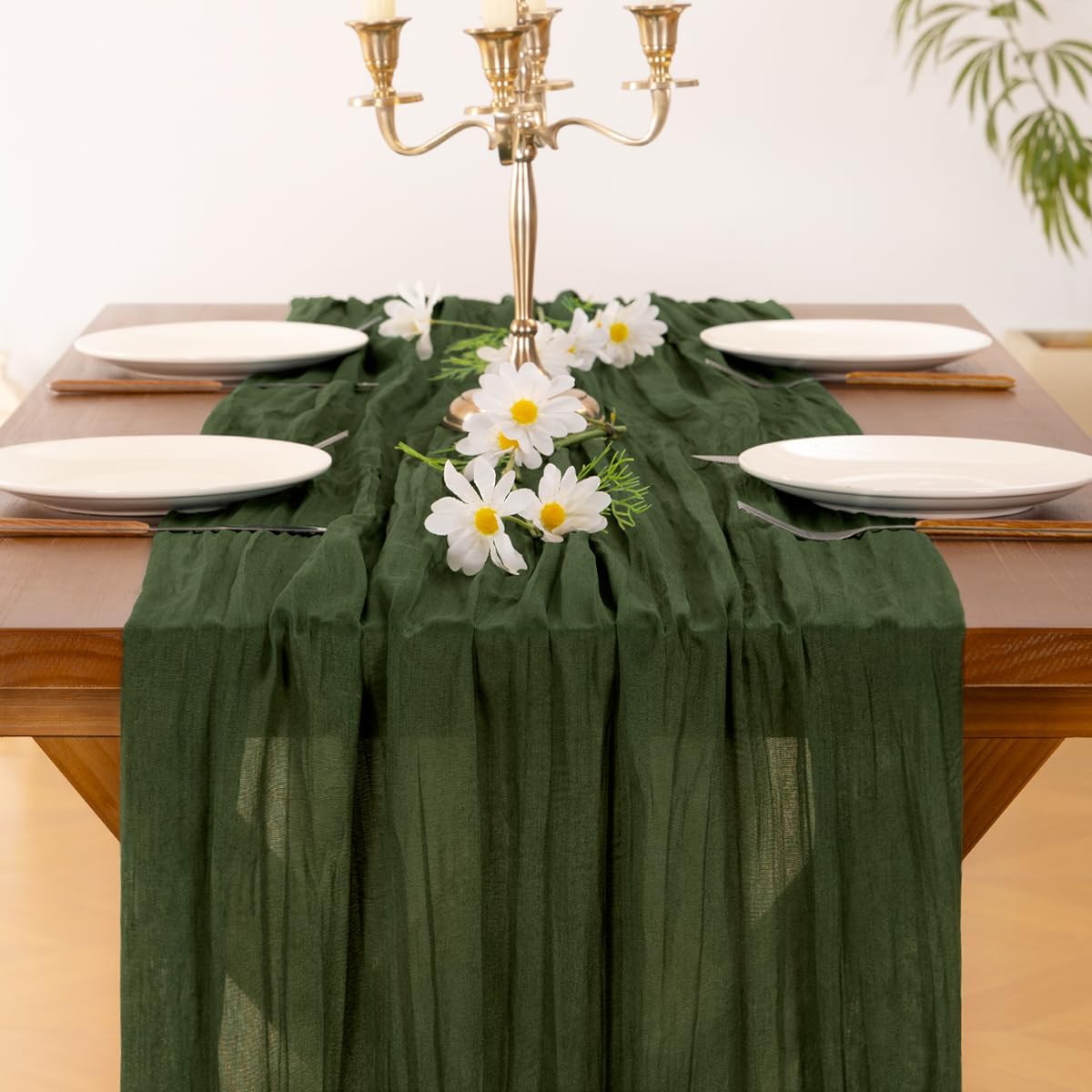 Socomi Olive Green Cheesecloth Table Runner - 120 Inch Rustic Boho Decor for Weddings & Events