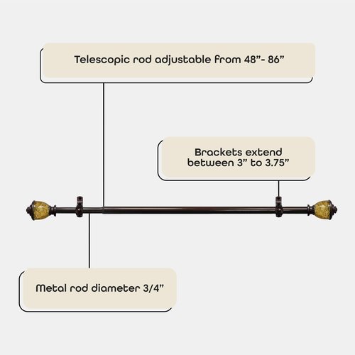 Decorative Window Curtain Rods with Finials, 48 to 86 Inches, 0.75 Diameter - Camino Lincroft - Lightweight & Easy to Install, Adjusts Telescopically to Fit Any Window by Achim Home Decor