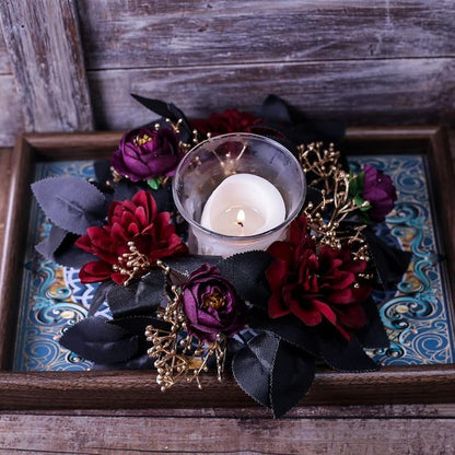 4Pcs Halloween Candle Rings with Purple Roses and Red Dahlias - Small Floral Wreaths for Decor