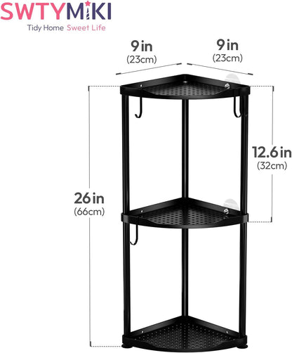 SWTYMIKI Corner Shower Caddy - 3-Tier Stainless Steel Organizer Stand with 4 Hooks | Rustproof Black Finish