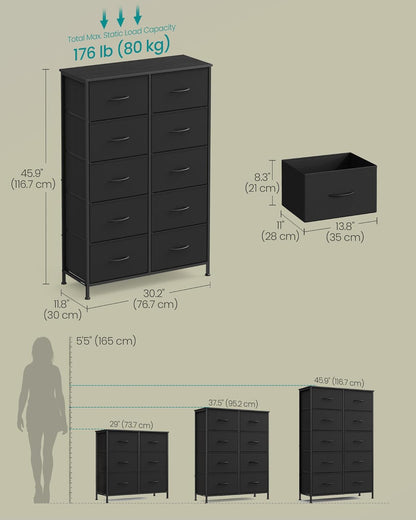 SONGMICS Dresser - Rustic Brown & Ink Black Chest of Drawers with 10 Non-Woven Fabric Storage Bins