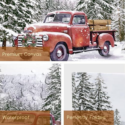 Christmas Canvas Wall Art Decor Set - Snowy Scene Rustic Holiday Prints 12x12 Inches